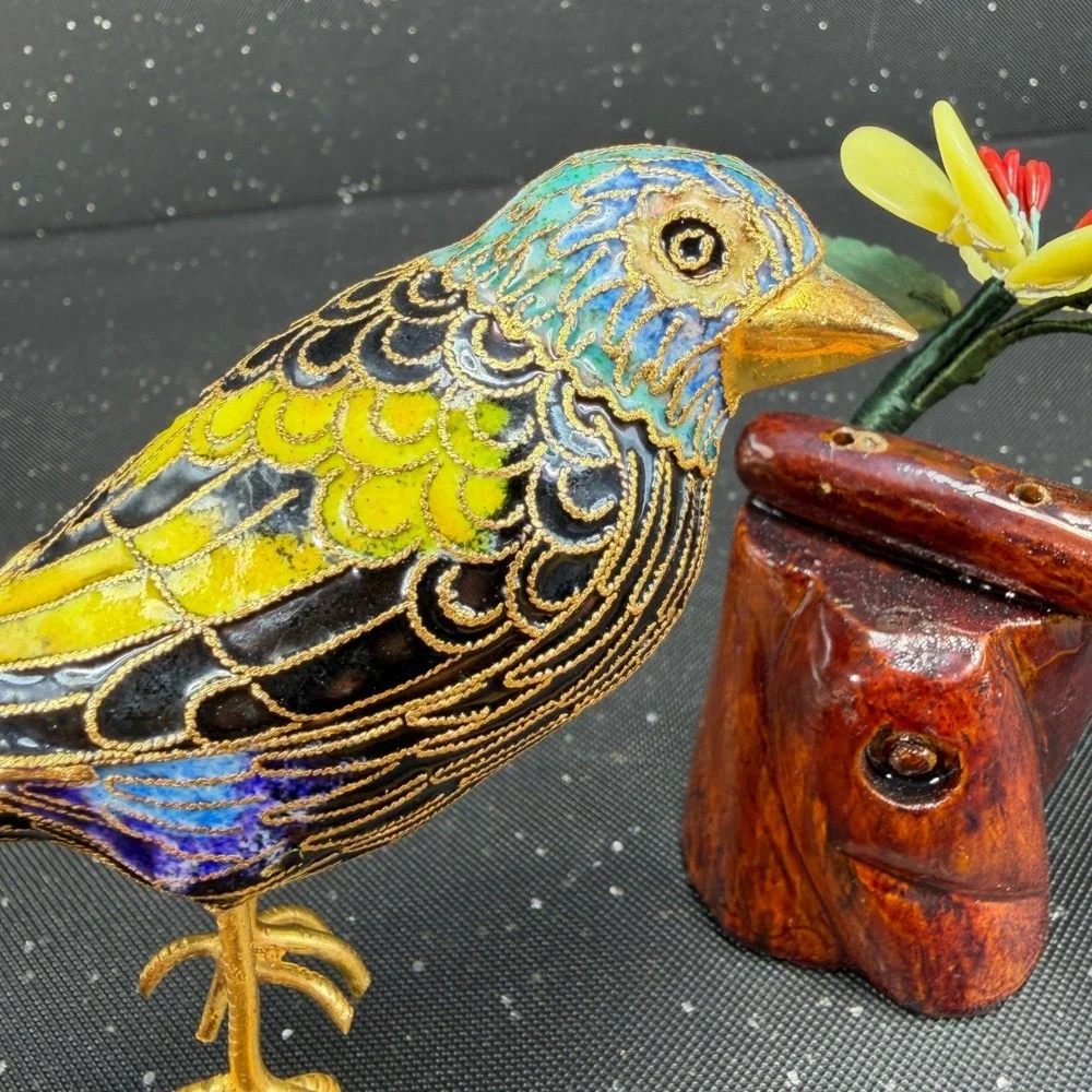 Cloisonne Enamel Bird Figurine Carved Wood Base Quartz Jade Stone Flowers 6in